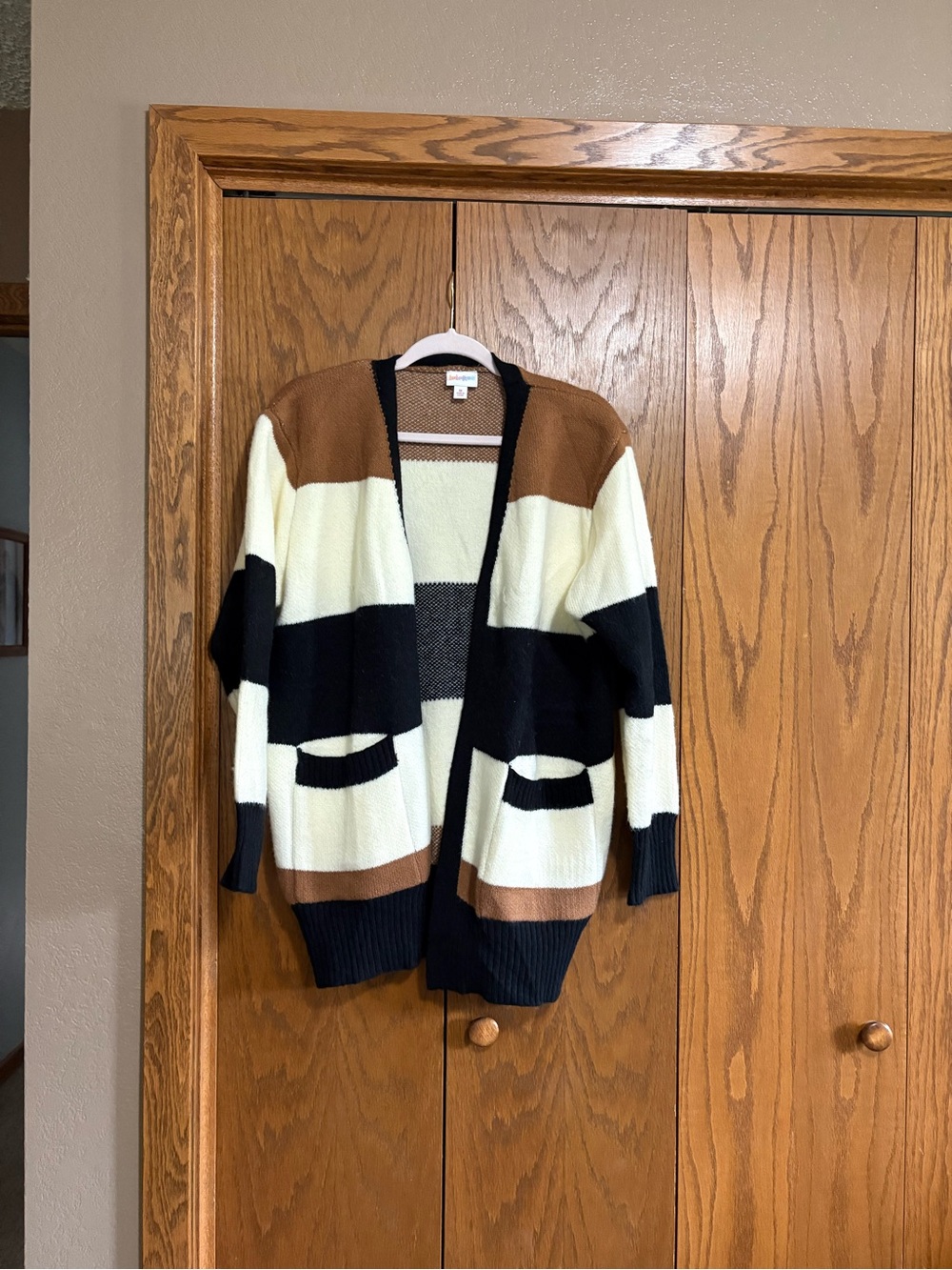 LuLaRoe Striped Open Cardigan - Cream, Black & Brown